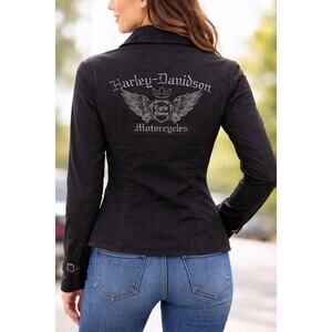 HARLEY DAVIDSON Black Zip Front Riding Shirt Embroidered Biker Top | Medium